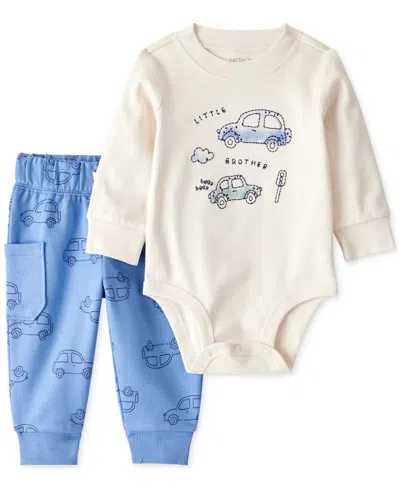 Carter's Baby Boys Cotton Cars Little Brother Long-sleeve Bodysuit & Pants, 2 Piece Set In Blue