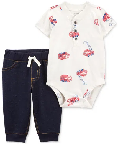 Carter's Baby Boys Cotton Fire Truck Bodysuit & Pants, 2 Piece Set In White