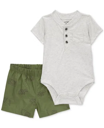 Carter's Baby Boys Cotton Henley Bodysuit & Shorts, 2 Piece Set In Gray
