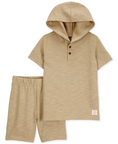 Carter's Babies' Toddler Boys Cotton Hooded Henley T-shirt & Shorts, 2 Piece Set In Khaki