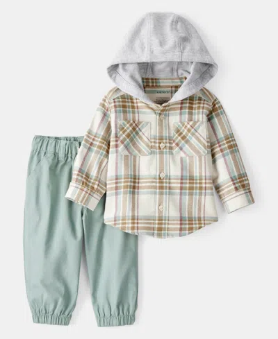 Carter's Baby Boys Cotton Hooded Plaid Long-sleeve T-shirt & Pants, 2 Piece Set In Green