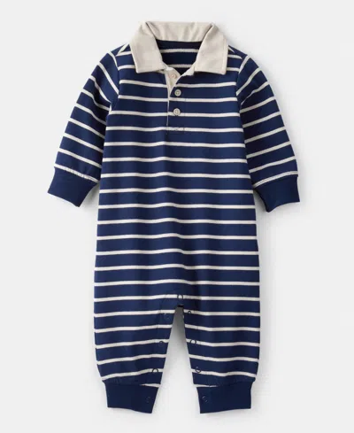 Carter's Baby Boys Cotton Long-sleeve Striped Polo Jumpsuit In Blue