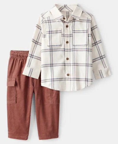 Carter's Baby Boys Cotton Plaid Button-front Shirt & Cargo Pants, 2 Piece Set In Brown