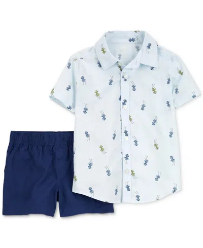 Carter's Baby Boys Cotton Race Car-print Button-down Shirt & Shorts, 2 Piece Set In Blue