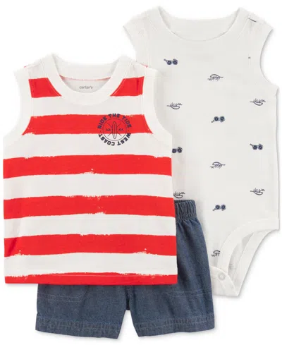 Carter's Baby Boys Cotton Ride The Tide Tank Top, Printed Bodysuit & Chambray Shorts, 3 Piece Set In Red,white,blue