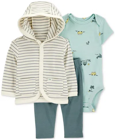 Carter's Baby Boys Cotton Striped Hooded Cardigan, Printed Bodysuit & Pants, 3 Piece Set In Med Blue