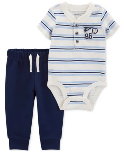 Carter's Baby Boys Cotton Varsity Striped Bodysuit & Pants, 2 Piece Set In Blue