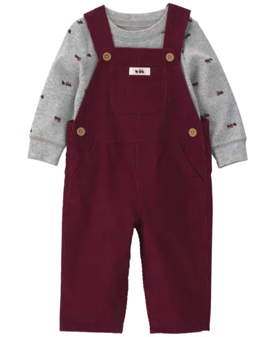 Carter's Baby Boys' Crewneck T-shirt And Holiday Corduroy Overall, 2-piece Set In Burgundy,gray