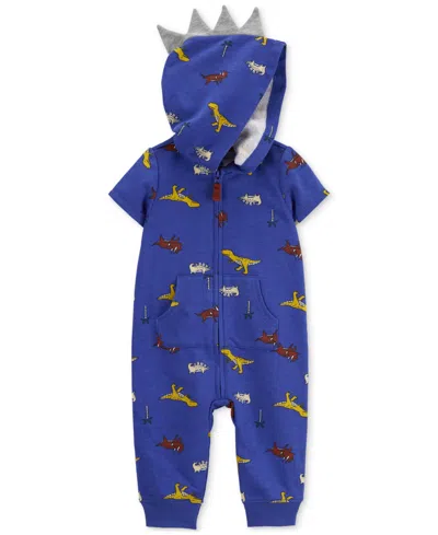 Carter's Baby Boys Dino-print Full-zip Hooded Jumpsuit In Blue