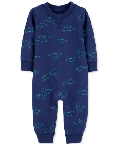 Carter's Baby Boys Dinosaur-print Cotton French Terry Long-sleeve Jumpsuit In Blue