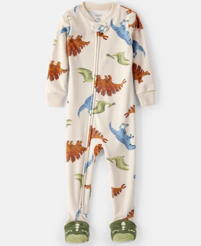 Carter's Baby Boys Dinosaur-print Long-sleeve 2-way-zip 1-piece Footed Pajamas In Neutral