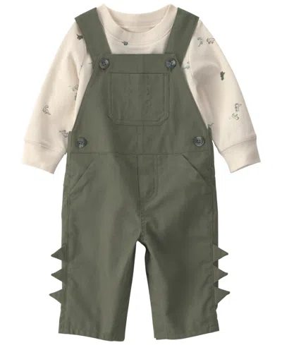 Carter's Baby Boys' Dinosaur Print Long-sleeve T-shirt And Overall, 2-piece Set In Green