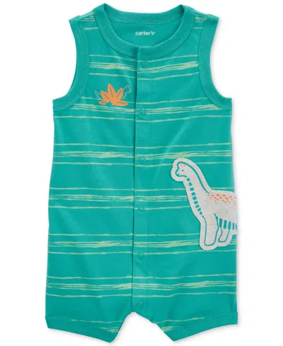Carter's Baby Boys Dinosaur Stripe Snap-up Cotton Romper In Teal