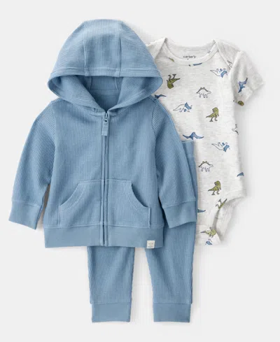 Carter's Baby Boys Dinosaur Thermal Little Jacket, Bodysuit & Pants, 3 Piece Set In Blue