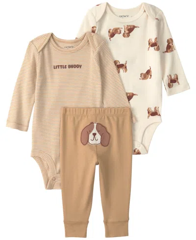Carter's Baby Boys' Dog Bodysuits And Pants, 3-piece Set In Brown,cream