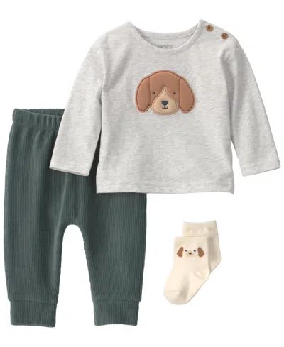 Carter's Baby Boys' Dog Long-sleeve Crewneck Top, Pants And Socks, 3-piece Set In Multi