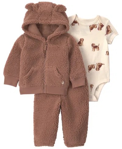 Carter's Baby Boys' Dog Sherpa Hooded Cardigan, Bodysuit And Jogger Pants, 3-piece Set In Blue