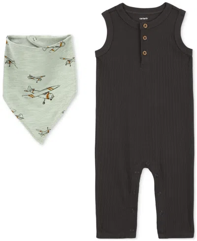Carter's Baby Boys Drop Needle Jumpsuit & Bandana Bib, 2 Piece Set In Gray