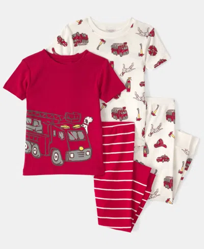 Carter's Baby Boys' Firetruck Crewneck Top And Striped Snug-fit Pajama, 4-piece Set In Multi