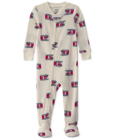Carter's Carters Baby Boys' Firetrucks Thermal Snug Fit Footed Long-sleeve Pajama In White