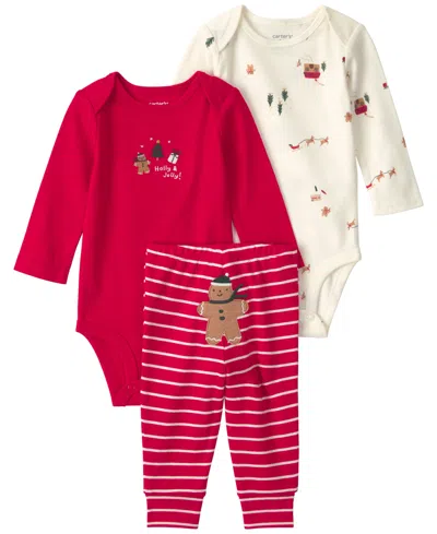 Carter's Baby Boys' Gingerbread Long-sleeve Bodysuits And Pants, 3-piece Set In Red,cream