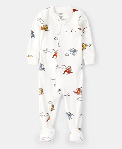 Carter's Baby Boys Helicopter-print Loose-fit Long-sleeve 2-way-zip 1-piece Footed Pajamas In White