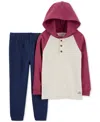 Shop Carter's Baby Boys Hooded Henley T-shirt & Pull-on Pants, 2 Piece Set In Red,blue