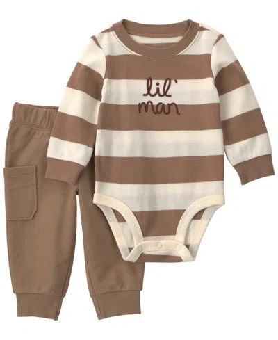 Carter's Baby Boys' Lil Man Long-sleeve Striped Bodysuit And Pants, 2-piece Set In Brown