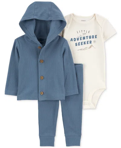 Carter's Baby Boys Little Adventure Seeker Graphic Bodysuit, Hooded Cardigan & Pants, 3 Piece Set In Blue