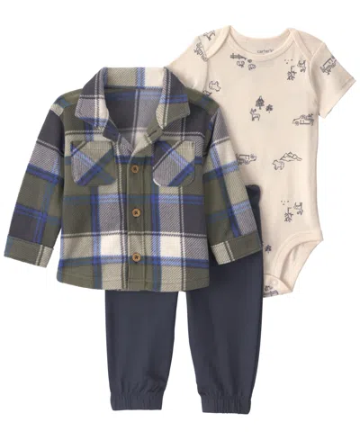Carter's Baby Boys' Long-sleeve Shirt, Bodysuit And Pants, 3-piece Set In Blue