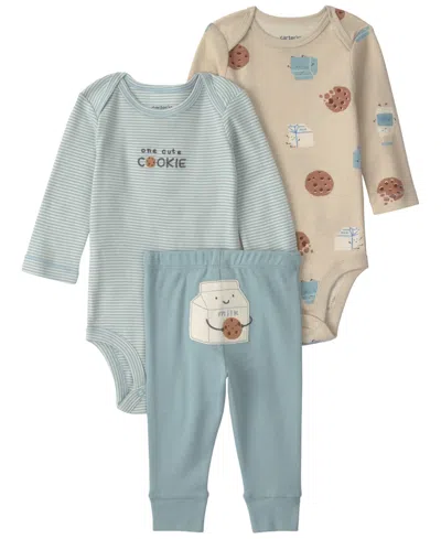 Carter's Baby Boys' Milk And Cookies Long-sleeve Bodysuits And Pants, 3-piece Set In Blue,cream