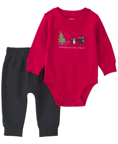 Carter's Baby Boys' Mommy's Holiday Helper Bodysuit And Pants, 2-piece Set In Red,black