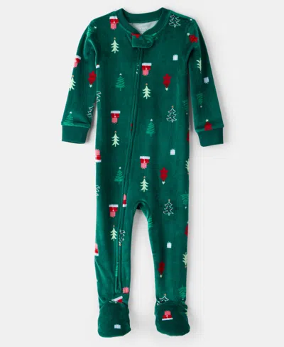 Carter's Baby Boys Or Baby Girls Christmas Tree Print Velour, 1-piece Pajamas In Green