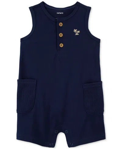 Carter's Baby Boys Palm Tree Pocket Cotton Henley Romper In Navy Palm