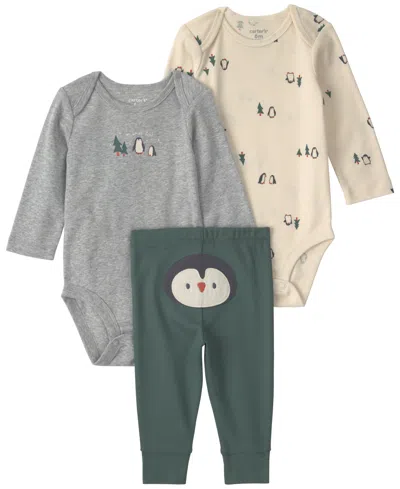 Carter's Baby Boys' Penguin Long-sleeve Bodysuits And Pants, 3-piece Set In Green,gray,cream