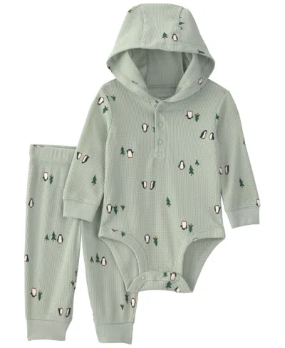 Carter's Baby Boys' Penguin Thermal Hooded Bodysuit And Pants, 2-piece Set In Green