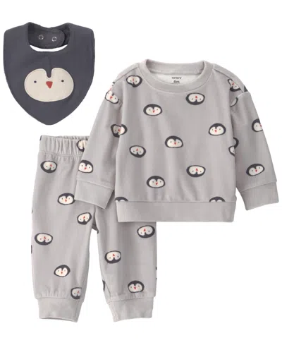 Carter's Baby Boys' Penguin-print Long-sleeve Top, Pants And Bib, 3-piece Set In Gold