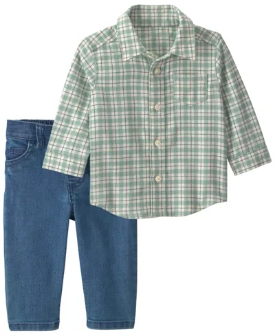 Carter's Baby Boys' Plaid Flannel Long-sleeve Shirt And Denim Pants, 2-piece Set In Blue