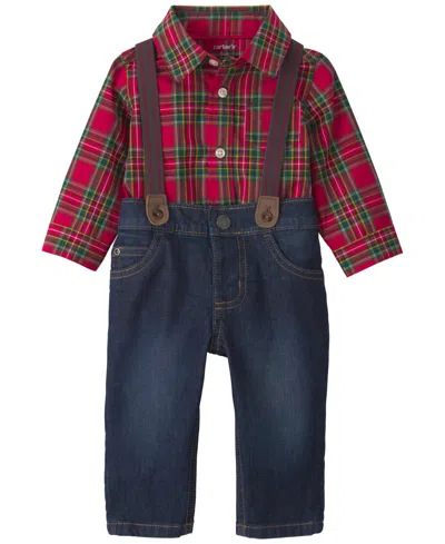 Carter's Baby Boys' Plaid Long-sleeve Bodysuit And Suspender Denim Pants, 2-piece Set In Red,indigo