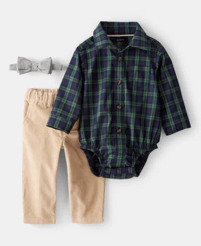 Carter's Baby Boys Plaid Print Bodysuit, Bow Tie And Pants, 3-piece Set In Blue