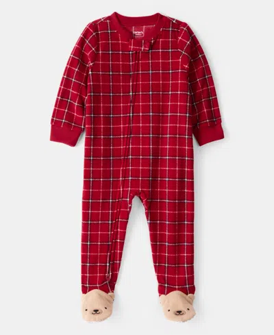 Carter's Baby Boys Plaid-print Fleece Loose-fit 1-piece Footed Pajamas In Red