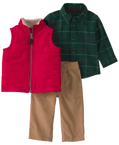 Carter's Baby Boys' Plaid Twill Vest, Long-sleeve Shirt And Pants, 3-piece Set In Red,green,khaki