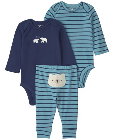 Carter's Baby Boys' Polar Bear Striped Long-sleeve Bodysuits And Pants, 3-piece Set In Blue
