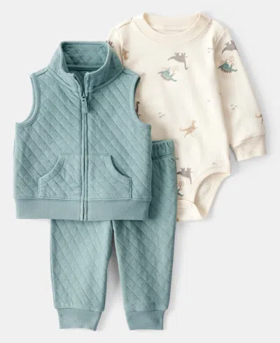 Carter's Baby Boys Quilted Little Vest, Dinosaur Bodysuit & Pants, 3 Piece Set In Green
