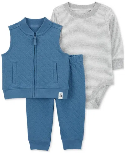 Carter's Baby Boys Quilted Little Vest, Striped Bodysuit & Quilted Pants, 3-piece Set In Blue