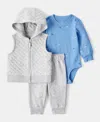 Carter's Baby Boys Quilted Vest, Helicopter-print Long-sleeve Bodysuit & Jogger Pants, 3 Piece Set In Multi