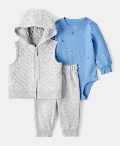 Carter's Baby Boys Quilted Vest, Helicopter-print Long-sleeve Bodysuit & Jogger Pants, 3 Piece Set In Multi