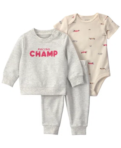 Carter's Baby Boys' Race Car French Terry Layering Long-sleeve Sweatshirt, Bodysuit And Pant, 3-piece Set In Gray