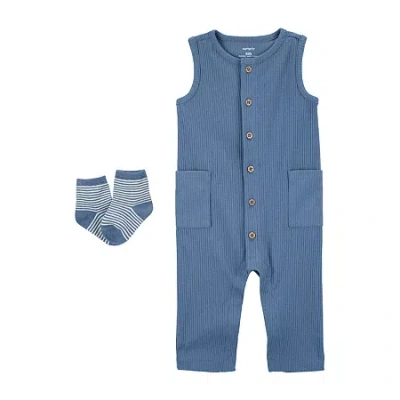 Carter's Baby Boys Round Neck Sleeveless Rib 2-pc. Jumpsuit In Blue