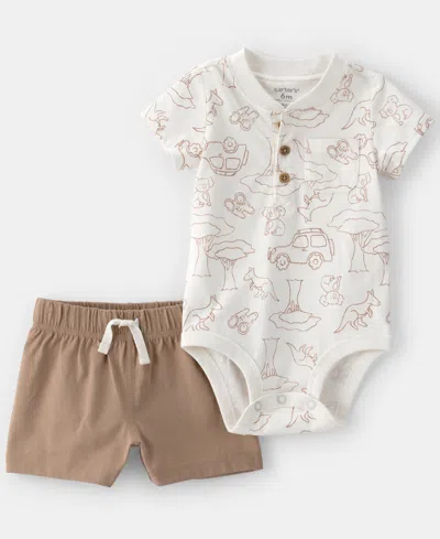 Carter's Baby Boys' Safari Short-sleeve Bodysuit & Shorts, 2-piece Set In Brown